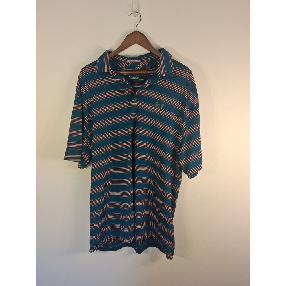 [Athletic] Under Armour Polo Shirt Mens 2XL Teal‎ Blue Orange Striped HeatGear
